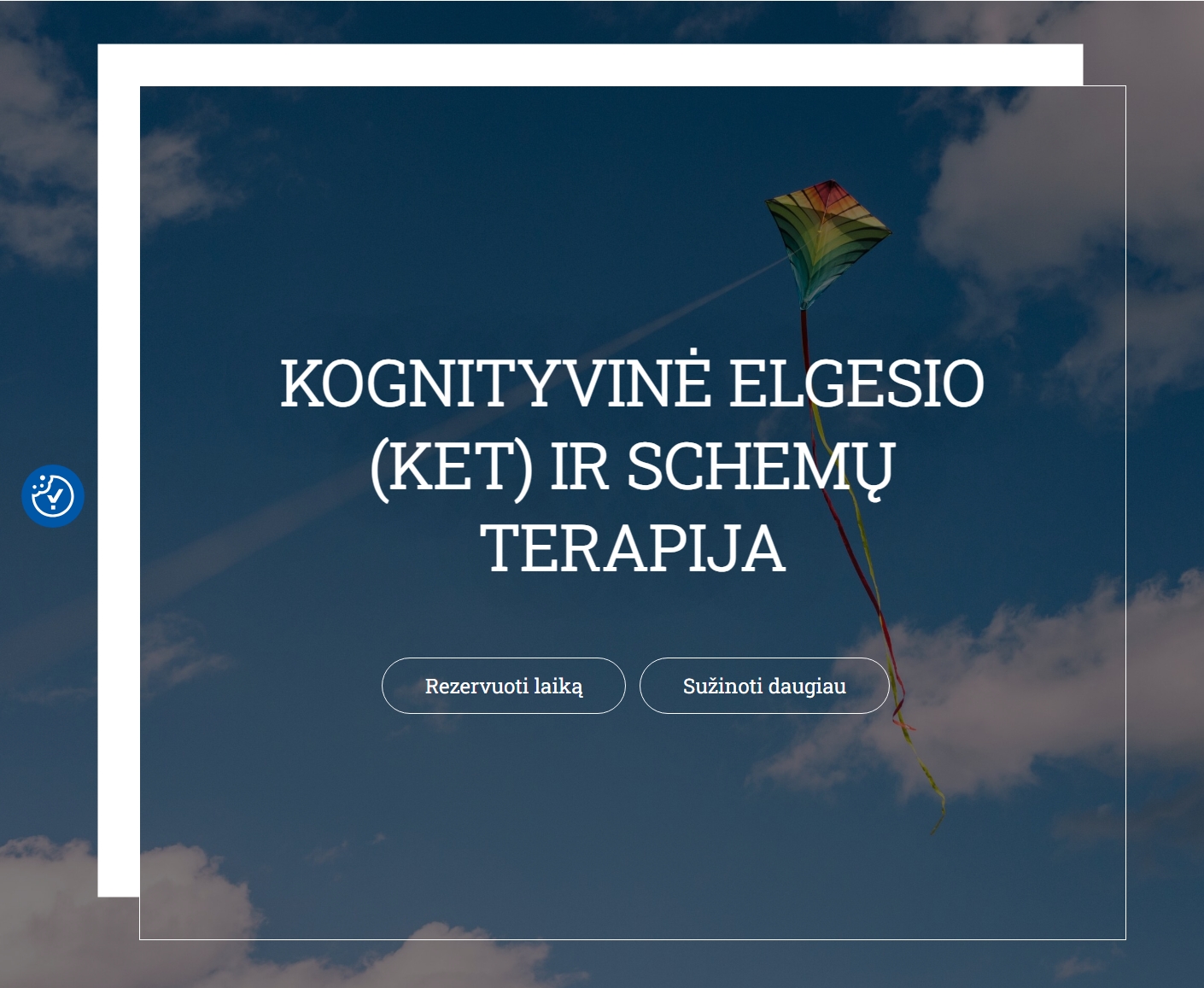 Psichoterapeutės Neringos Auglės interneto svetainės psychoterra.lt pagrindinio puslapio "Kognityvinė elgesio (KET) ir schemų terapija" viršelis, mėlynas fonas, šriftas ir rėmai balti