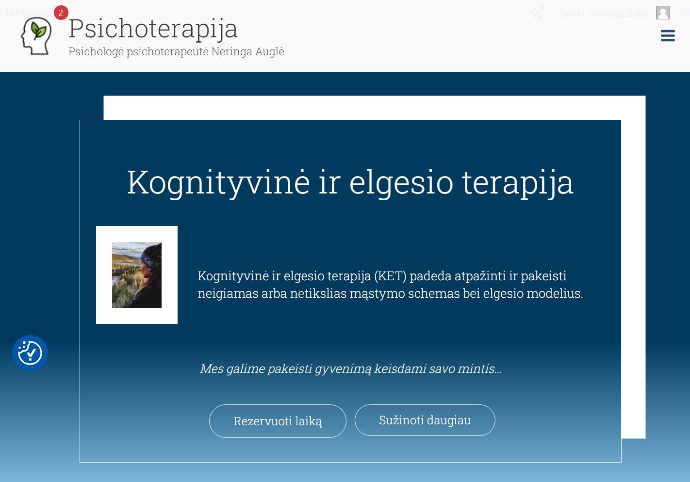 Psichoterapeutės Neringos Auglės interneto svetainės psychoterra.lt puslapio viršelis "Kognityvinė ir elgesio terapija", mėlynas šviesėjantis į apačią fonas